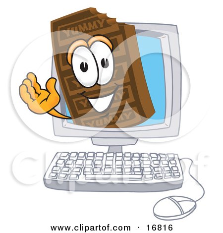 Clipart Picture of a Chocolate Candy Bar Mascot Cartoon Character Waving From Inside a Computer Screen by Mascot Junction