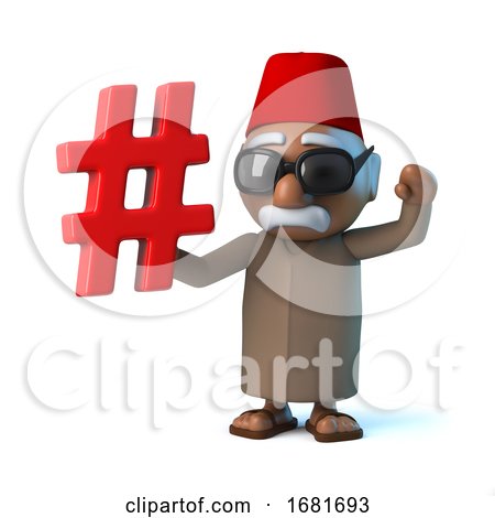3d Funny Cartoon Moroccan in Fez Holding a Hash Tag Symbol by Steve Young