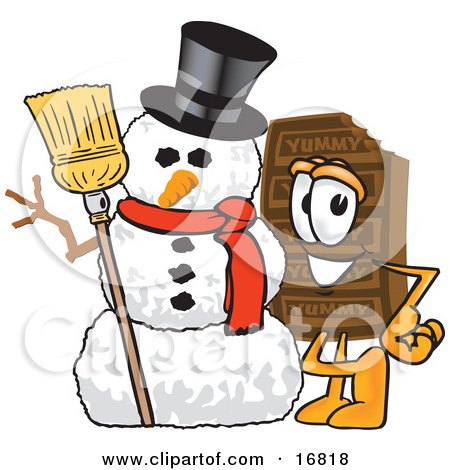 Clipart Picture of a Chocolate Candy Bar Mascot Cartoon Character With a Snowman on Christmas by Mascot Junction