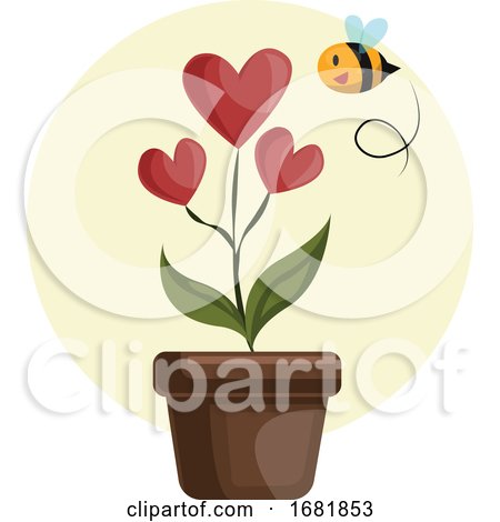 House Plant with Hearts in Stead of Flowers Grren Leafs and Flying Bee by Morphart Creations