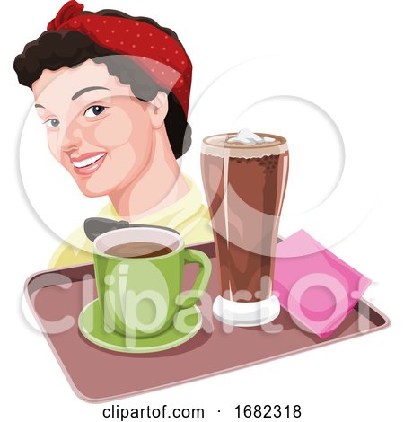 Waitress Holding Coffee and Milkshake on Tray by Morphart Creations