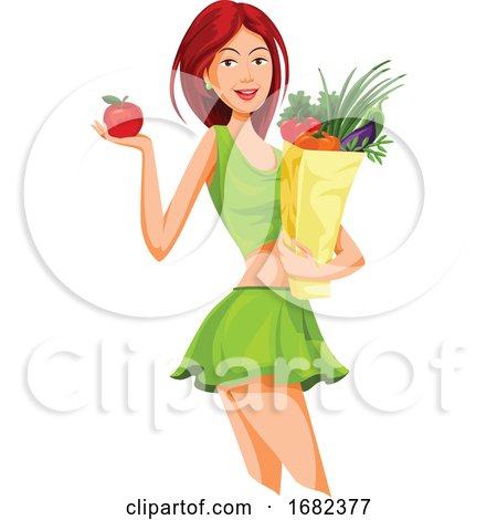Beautiful Woman Holding an Apple and Grocery Bag Full of Vegetables by Morphart Creations