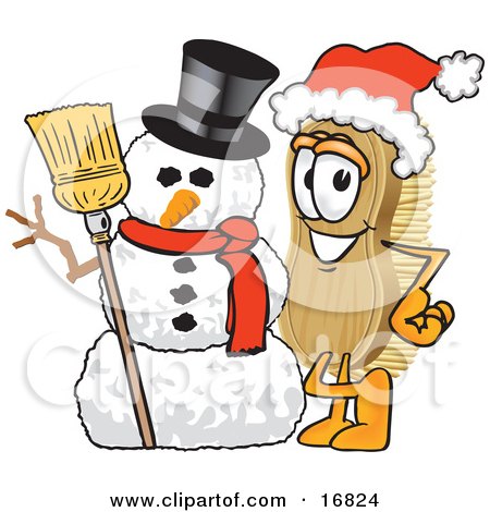 Clipart Picture of a Scrub Brush Mascot Cartoon Character Wearing a Santa Hat and Standing With a Snowman by Toons4Biz