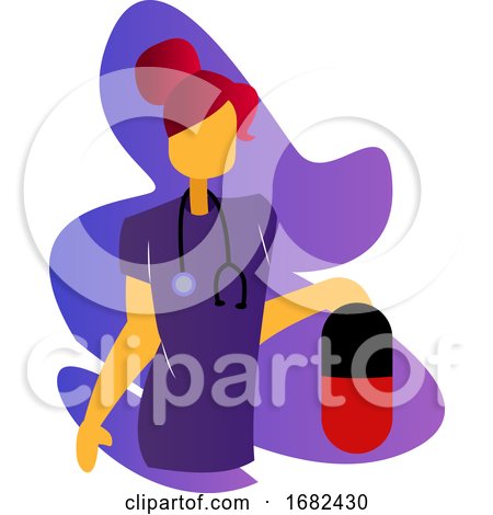 Simple  Multicolor Illustration of a Nurse in Purple Medical Suit Holding Huge Pill by Morphart Creations