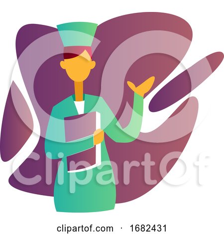 Colorful  Illustration of a Nurse Holding a Record in Front of Purple Shapes  by Morphart Creations