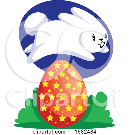 White Easter Rabbit Jumping over Red Egg Illustration Web on White Background by Morphart Creations