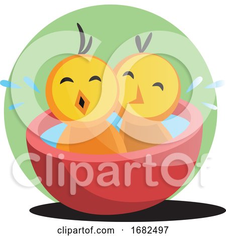 Two Cute Yellow Chick Bathing Illustration Web on White Background by Morphart Creations