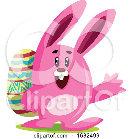 Pink Easter Bunny with Big Ears Carry an Egg and Waving Illustration Web on White Background by Morphart Creations