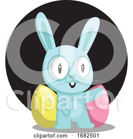 Blue Bunny with Blue and Pink Egg in Front of Black Circle Illustration Web on White Background by Morphart Creations