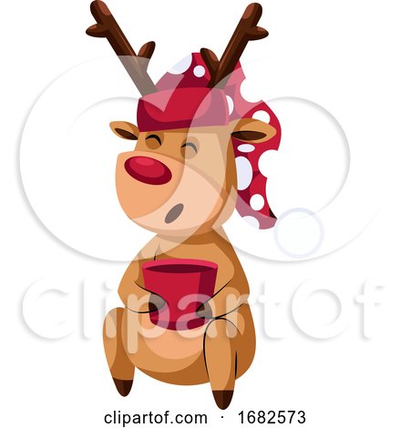 Christmas Deer with Red Hat and Mug with Tea by Morphart Creations
