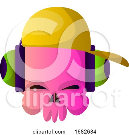 Little Pink Cartoon Skul with Hat and Headphones Illustartion  by Morphart Creations