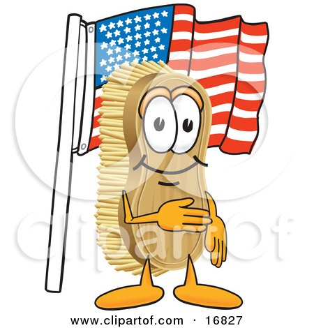 Clipart Picture of a Scrub Brush Mascot Cartoon Character Pledging Allegiance to the American Flag by Toons4Biz
