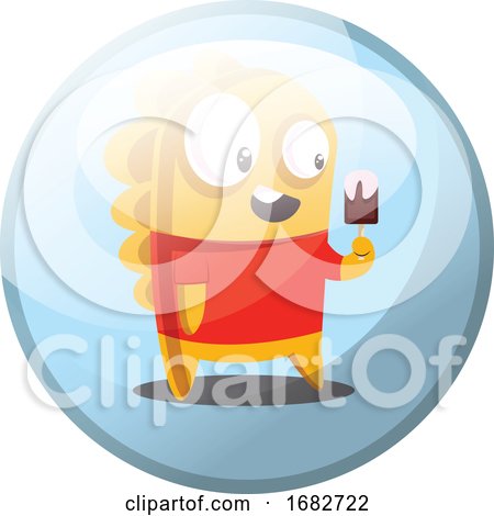Cartoon Character of Yellow Monster in Red Shirt Eating an Icecream Illustration in Light Blue Circle  by Morphart Creations