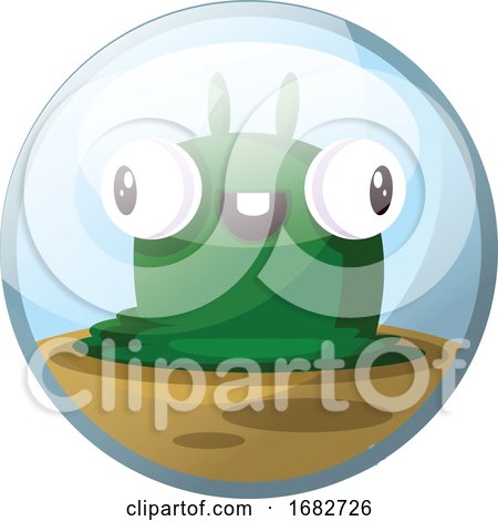 Cartoon Character of a Green Slug Monster with Eyes Standing out Smiling and Standing on Brown Ground Illustration in Light Blue Circle  by Morphart Creations
