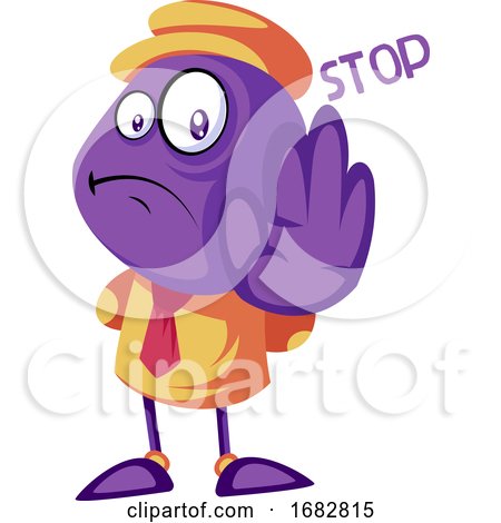 Purple Creature Holding Hand and Saying Stop Illustration on a White Background by Morphart Creations