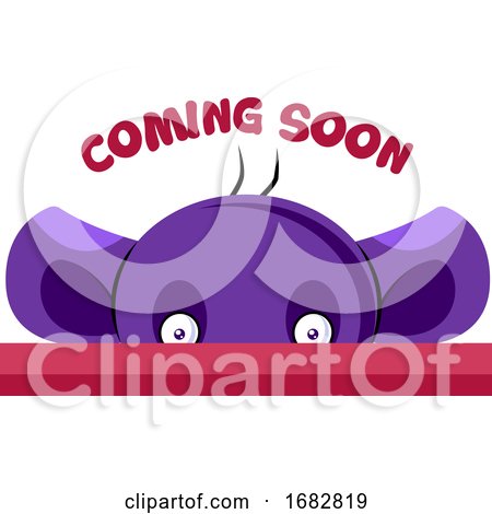 Purple Creature Saying Coming Soon Illustration on a White Background by Morphart Creations
