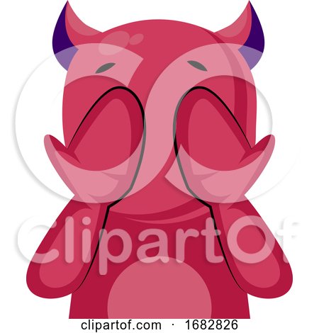 Scared Pink Monster with Horns Covering Eyes with Hands Illustration on a White Background by Morphart Creations