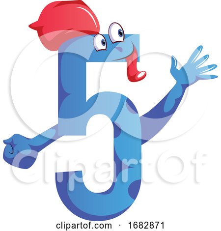 Number Five Blue Monster with a Hat and Showing Five Fingers Illustration  by Morphart Creations