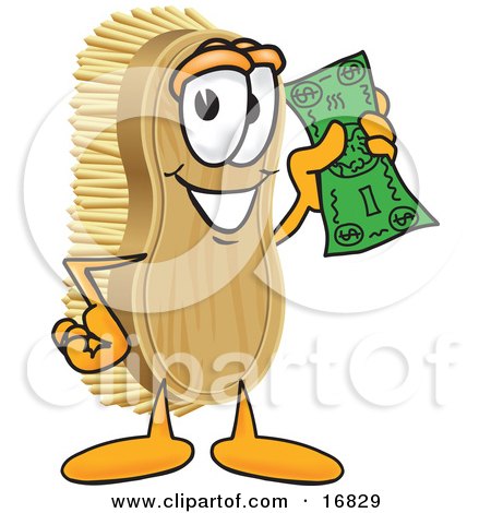 Clipart Picture of a Scrub Brush Mascot Cartoon Character Waving Cash in the Air by Toons4Biz