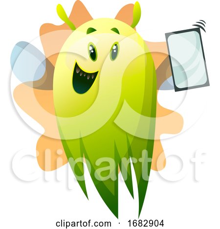 Smiling Cartoon Green Monster with Phone Illustartion  by Morphart Creations