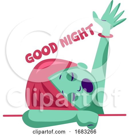 Girl with Blue Skin and Pink Hair Raising Hand and Saying Good Night by Morphart Creations