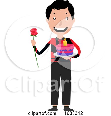 Cartoon Man Holding a Cake and Giving the Rose Illustration by Morphart Creations
