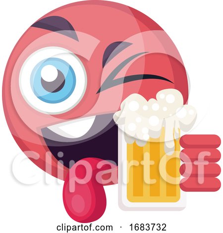 Round Pink Happy Emoji Face Holding a Beer Illustration by Morphart Creations