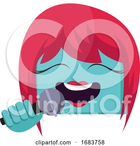 Square Blue Female Emoji Face with Pink Hair Singing into Mic Illustration on a White Backgorund by Morphart Creations