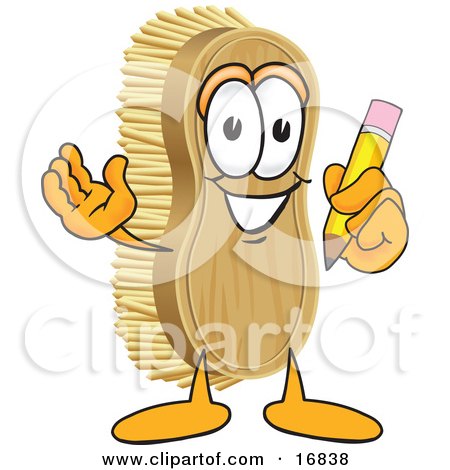 Clipart Picture of a Scrub Brush Mascot Cartoon Character Holding a Pencil by Toons4Biz