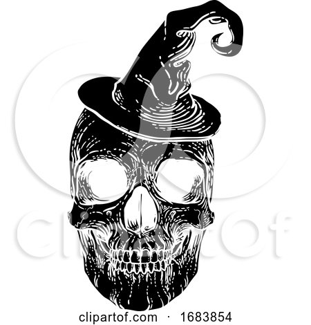 Halloween Skull in Witch Hat by AtStockIllustration