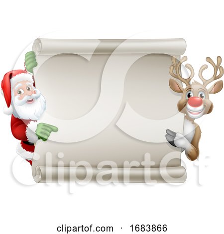 Santa Claus and Reindeer Christmas Scroll Sign by AtStockIllustration