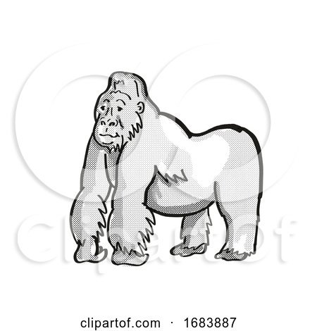 Mountain Silver Back Gorilla Endangered Wildlife Cartoon Mono Line Drawing by patrimonio