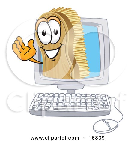 Clipart Picture of a Scrub Brush Mascot Cartoon Character Waving From Inside a Computer Screen by Toons4Biz