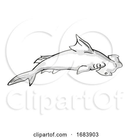 Scalloped Hammerhead or Sphyrna Lewini Endangered Wildlife Cartoon Mono Line Drawing by patrimonio
