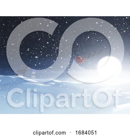 3D Snowy Landscape at Night with Snowman, Reindeer and Santa in the Sky by KJ Pargeter