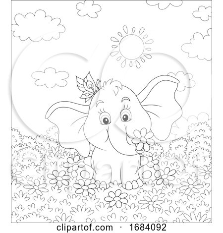 Baby Elephant with a Butterfly and Spring Flowers by Alex Bannykh