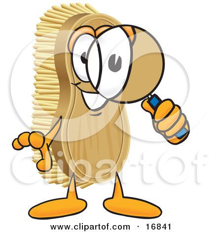 Clipart Picture of a Scrub Brush Mascot Cartoon Character Looking Through a Magnifying Glass by Toons4Biz