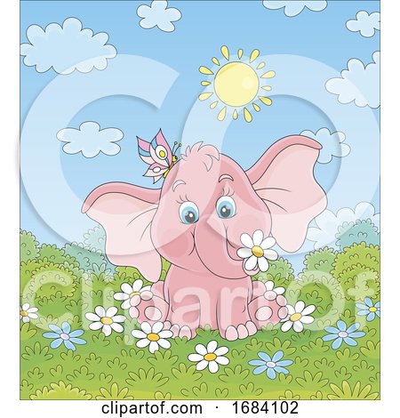 Baby Elephant with a Butterfly and Spring Flowers by Alex Bannykh