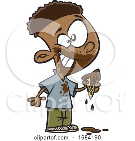 Cartoon Black Boy Eating a Messy Ice Cream Cone by toonaday