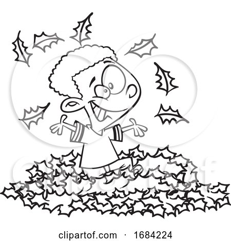Lineart Black Boy Playing in Autumn Leaves by toonaday