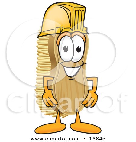Clipart Picture of a Scrub Brush Mascot Cartoon Character Wearing a Yellow Hardhat Helmet by Toons4Biz