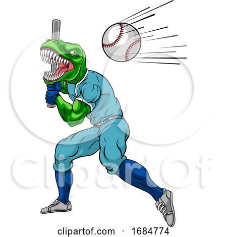 Dinosaur Baseball Player Mascot Swinging Bat by AtStockIllustration