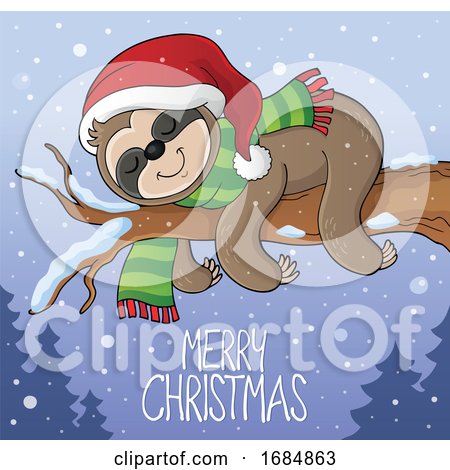 Sloth Sleeping on a Branch over Merry Christmas Text by visekart