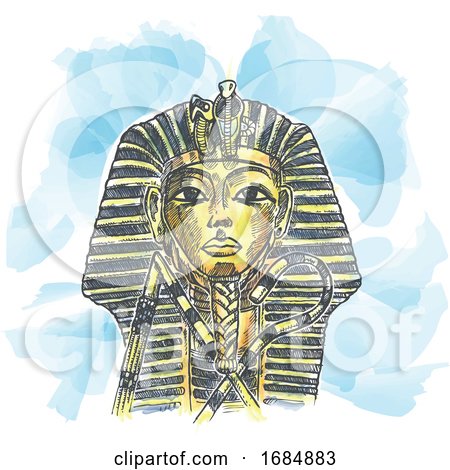 Golden Mask of Egyptian Pharaoh Hand Drawn Watercolor by Domenico Condello