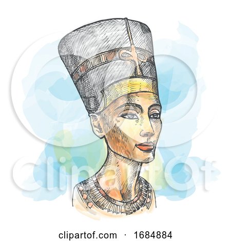 Bust of Nefertiti Hand Drawn Watercolor by Domenico Condello