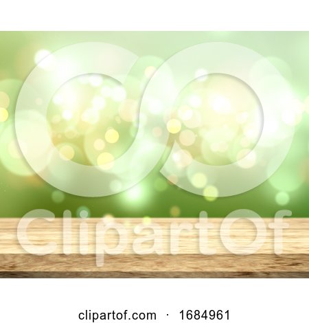 3D Wooden Table on a Bokeh Lights Green Background by KJ Pargeter