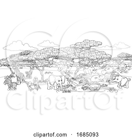 Safari Cartoon Animal Background Landscape Scene by AtStockIllustration