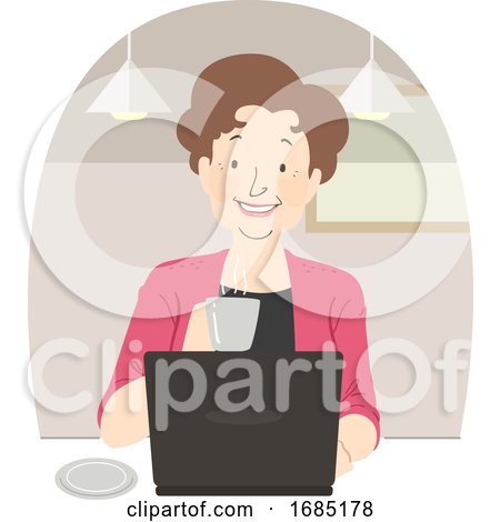 Senior Woman Coffee Laptop Cafe Illustration by BNP Design Studio