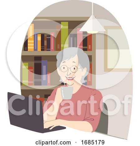 Senior Woman Laptop Coffee Library Illustration by BNP Design Studio