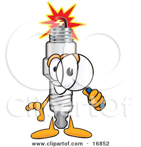 Clipart Picture of a Spark Plug Mascot Cartoon Character Looking Through a Magnifying Glass by Mascot Junction